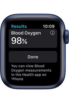 an apple watch showing blood oxygen levels and other health information on the screen, with text reading'blood oxygen 98 % done you can view blood oxygen in the