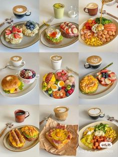 various plates with different foods and drinks on them