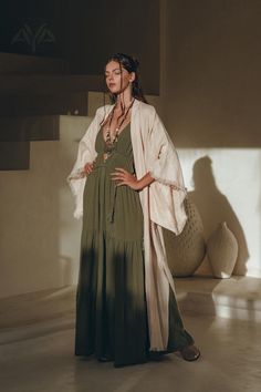 Our newest Linen Kimono, has become already a bestseller in our show room and now available for you. This stunning outfit features a linen kimono and a belt that can be worn alone or as an extra layer with most of our dresses. With the help of the belt you can turn this kimono cardigan into a kimono dress. Crafted in B Sage Color Dress, Look Kimono, Green Boho Dress, Elegant Kimono, Multiway Dress, Character Clothes, Adjustable Dress, Green Wedding Dresses, Linen Kimono