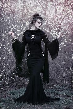 Gothic Long Sleeve Dress For Fantasy Events, Gothic Evening Ball Gown, Black Gothic Dress For Fantasy Events, Black Fantasy Dresses For Fantasy Events, Fitted Dresses For Winter Fantasy Events, Gothic Halloween Party Gown, Gothic Ball Gown For Halloween, Gothic Gown For Halloween Party, Fantasy Evening Dress For Halloween