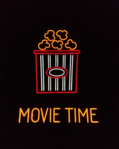 a neon sign that says movie time with a bucket of popcorn in the middle and clouds above it