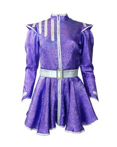 This is a fabulous theatre piece from costumier's Fairy Godmother in shiny purple metallic lamé. This piece can be worn as a short dress or jacket.  This has definite Aladdin vibes or even a retro-futuristic Space-age look - very Ziggy Stardust! Details: The edging is in silver metallic fabric and there are 3 silver stripes down the left of the chest. The epaulettes have silver metallic appliqué, ruched sleeves and pointed cuffs with silver appliqué detail. There is a loop of elastic over each c Retro Futuristic Fashion, Outer Space Costume, Space Age Dress, Space Age Fashion, Space Costumes, Aged Clothing, Futuristic Space, Purple Metallic, Funky Outfits