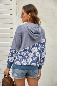 Material: Polyester & Spandex Blend Sizes (measured in inches): S Bust 38 Length 27 M Bust 41 Length 28 L Bust 43 Length 28.5 XL Bust 46 Length 29.5 Spring Gray Stretch Hoodie, Gray Stretch Hoodie For Spring, Blue Spring Hoodie, Patchwork Hoodie, Cowl Neck Hoodie, Floral Hoodie, Corsets And Bustiers, Winter Sweatshirt, Sweater Dress Midi