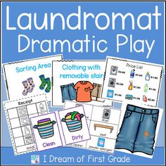 Do you use the Clothes study for Preschool with your PreKs? I created this dramatic play area to go with our Clothes Study in our Preschool classrooms. I had so much fun creating this set, it includes a sorting socks area, folding t-shirts area and much more.Your students can wash and dry their clothes or hang them out to dry! Students can "work" in the Laundromat and collect money for services rendered. Your preschoolers will use and practice math and literacy skills as they work in the laundro Clothing Dramatic Play Preschool, Laundry Dramatic Play Center, Clothing Curriculum Preschool, Clothing Study Activities, Clothes Creative Curriculum Study, Preschool Clothing Study, Clothing Unit Creative Curriculum, Clothes Study For Preschoolers, Clothing Study Preschool Activities