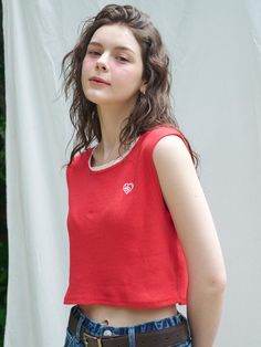 This is a trendy and casual top by LOSSYROW that is made out of high quality and sturdy material. With distinctive mood of the design and comfortable wear, you can style it for your casual daily outfit.- Lace detail on the neckline- Signature logo embroidery on the chest- Cool touch of fabric with eyelets Fitted Sleeveless Tops For Everyday, Fitted Red Cotton Tops, Red Casual Sleeveless Blouse, Trendy Sleeveless Cotton Top, Casual Red Sleeveless Blouse, Casual Red Sleeveless Top, Trendy Crew Neck Cotton Vest, Sleeveless Red Cotton Top, Trendy Sleeveless Blouse Vest Top