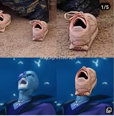 two pictures of the same character with their mouth open, and one has his eyes closed