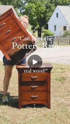 a woman standing next to a wooden box on top of a table with the words, can't tell this potter fan? real wood?