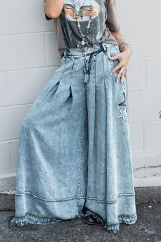 You're A Star Pants in Denim Blue - SpiritedBoutiques Boho Hippie Boutique Style Pants, Oli & Hali Bohemian Style Clothing, Diy Jean Skirt, Star Pants, Soft Pants, Stylish Pants, Flowy Pants, Wide Leg Denim, Style Outfit, Light Denim