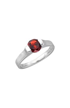 An easy-to-wear ring will add significant polish to even your most casual ensembles. 1/4" band width Sterling silver/garnet Imported Classic Red Ruby Stackable Rings, Classic Red Birthstone Stackable Rings, Formal Red Birthstone Ring With Polished Finish, Formal Red Polished Birthstone Ring, Classic Red Birthstone Ring, Formal Red Ruby Stackable Rings, Red Solitaire Birthstone Ring, Classic Red Round Band Rings, Red Solitaire Birthstone Ring With Round Band