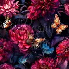 watercolor painting of pink flowers and butterflies