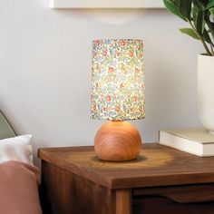 a wooden table with a lamp on it next to a potted plant and books