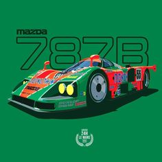 a green and red race car with numbers on the front is featured in this poster