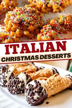 italian christmas desserts with chocolate and sprinkles on the side, including cookies