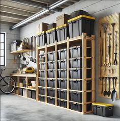 a garage filled with lots of storage boxes and bins next to a bike on the wall