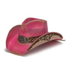 Unsure of what a Dropship item is? Click this link so you are fully informed prior to your purchase!  Western style meets pink. The Stampede Hats Pink Flower Filigree Cowboy Hat is fashionable and dazzling. With swirls of detail, rhinestones, and floral statement buckle, this hat is a statement piece that will be sure to stand out from the crowd. Features: -100% Quality Genuine Panama Straw - Lightly Distressed Pink-Fashionably decorated under side brims with rhinestones and colored pattern-Vent Womens Straw Cowboy Hat, Pink Cowboy Hat, Black Cowboy Hat, Black Cowboys, Outback Hat, Felt Cowboy Hats, Straw Cowboy Hat, Western Hats, Cowgirl Hats