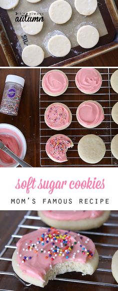 homemade sugar cookies with pink frosting and sprinkles