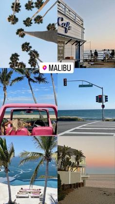 there are many different pictures with the words mallibu on them and palm trees