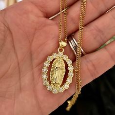 Gold Plated St Virgin Mary Chain Necklace Pendants No Tarnished Brand New Mary Jewelry, Mary Necklace, Virgin Mary Necklace, Stone Statement Necklace, Beaded Tassel Necklace, Sparkle Necklace, Layered Necklace Set, Round Pendant Necklace, Necklace Pendants