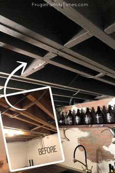 an image of a kitchen with bottles hanging from the ceiling and below it is a sign that says before