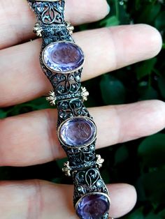 Absolutely Stunning Georgian/ Victorian Silver18k Gold Rose cut Diamond, Amethyst intaglio Link Bracelet.. safety chain on the side. Very good Antique pre Owned Condition, only 3 small diamonds are missing, not showing when u wear it. Selling AI Is. all sales are final no return Some pics ENLARGED to see details . Weight 25.45 Grams.. Museum Quality ONE OF A KIND.. There is 6 Amethyst intaglio..15mm wide. SUPER RARE.. Character Clothing, Safety Chain, Shiny Things, Rose Cut Diamond, Chain Link Bracelet, Rose Cut, Gold Rose, Link Bracelets, Chain Link