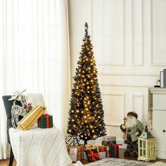 a living room with a christmas tree and presents