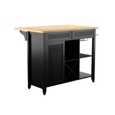 a black kitchen island with a wooden top