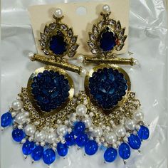 Indian Chandbalis/Jhumkas Royal Blue Color Brand New Never Used Blue Bohemian Jhumkas For Festive Occasions, Festive Blue Tilla Jhumkas, Festive Bohemian Blue Jhumkas, Festive Blue Bohemian Jhumkas, Bohemian Blue Danglers For Wedding, Blue Bohemian Danglers For Wedding, Blue Jhumkas For Festivals And Celebrations, Blue Latkan Danglers For Wedding, Blue Earrings For Festivals And Celebrations