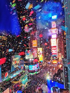 new year's eve in times square, with confetti and streamers