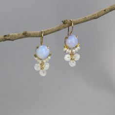 Delicate Gemstone Drop Earrings, Delicate Drop Earrings With Natural Stones, Delicate Natural Stone Drop Earrings, Natural Stones Drop Earrings For Wedding, Moonstone Dangle Earrings For Wedding, Dainty Natural Stone Drop Earrings, Moonstone Dangle Jewelry For Weddings, White Pearl Earrings With Natural Stones For Wedding, White Natural Stone Pearl Earrings For Wedding