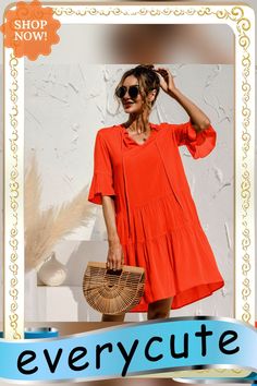 New Fashion Casual V-neck Women's Dress Elegant Loose Print Patchwork Flare Sleeve Beach Party Summer Dresses for Femme Chic V-neck Summer Dress For Vacation, Chic V-neck Dress For Beach Season, Orange V-neck Summer Beach Dress, Flowy V-neck Sundress For Beach Party, V-neck Solid Color Sundress For Spring, Solid Color V-neck Sundress For Spring, Flowy Solid Color Beach Dress, Spring V-neck Solid Color Sundress, Spring Solid Color V-neck Sundress