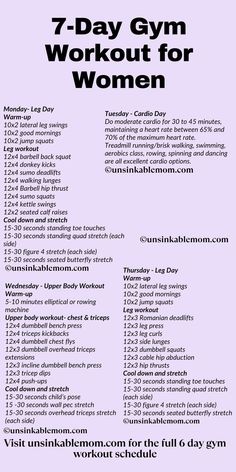 6 day gym workout schedule for women, Weekly gym workouts for women