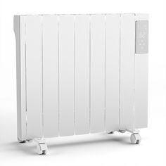 an electric radiator with wheels on the front and side, in white color