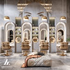 the interior of a hair salon with chairs, mirrors and lights hanging from the ceiling