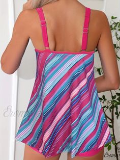 Eromis - Womens Stretchy Sleeveless Beachwear with Stripes, Hollow Out Straps and Backless Top, paired with Shorts - 2 Piece Set, Swimwear and Clothing Summer Camisole Tankini With Built-in Bra, Multicolor Tankini With Built-in Bra For Beach, Camisole Swimwear With Built-in Bra For Vacation, Racerback Tankini With Built-in Bra For Beach, Summer Sleeveless Swim Dress With Built-in Bra, Summer Racerback Tankini With Built-in Bra, Multicolor Halter Neck Tankini For Summer, Summer Multicolor Halter Neck Tankini, Pink Beachwear Tankini With Built-in Bra