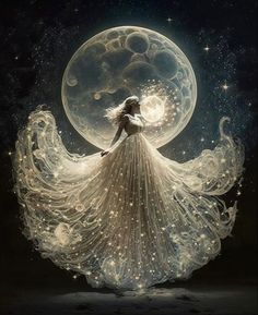 a woman is standing in front of the moon