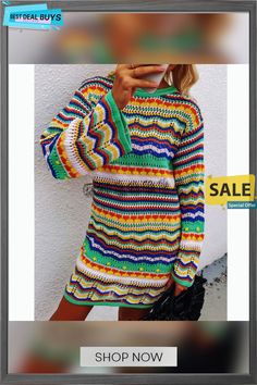 Multicolor Cotton-blend Round Neck Casual Sweater Oversized Rainbow Casual Sweater, Casual Oversized Rainbow Sweater, Trendy Long Sleeve Rainbow Sweater, Trendy Rainbow Long Sleeve Sweater, Multicolor Long Sleeve Casual Sweater, Colorful Long Sleeve Casual Sweater, Casual Multicolor Long Sleeve Sweater, Multicolor Color Block Sweater For Spring, Rainbow Long Sleeve Sweater For Spring