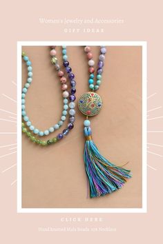 Hand Knotted Mala Bead Necklace. This colorful Mala Necklace will support your intentions and will gently remind you of them throughout your day. Malas and meditation go hand in hand. They help you to enhance your spiritual practices. We offer a great variety of prayer beads, meditation tools, Japa mala 108 beads, and 27. Check out our mala necklace collection and Get inspired by the meaning of the mala beads. Visit our website to see more> Holistic Mala With 108 Beads For Festival, Traditional Beaded Necklaces For Meditation, Holistic Round Beads Necklaces For Festivals, Holistic Style Necklace With Round Beads For Festivals, Holistic Round Beads Necklace For Festivals, Holistic Necklaces With 8mm Beads For Festivals, Holistic Crystal Necklaces With 8mm Beads For Meditation, Spiritual Healing Mala With Round Beads, Holistic Crystal Necklace With 8mm Beads For Meditation