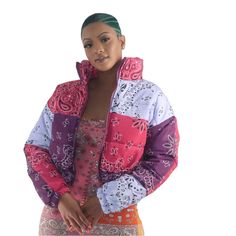 Purple Bandana Crop Puffer Jacket Sale From My Boutique Spring Cotton Quilted Jacket For Cold Weather, Multicolor Spring Puffer Jacket, Spring Streetwear Patchwork Outerwear, Spring Streetwear Outerwear With Patchwork, Multicolor Quilted Spring Outerwear, Multicolor Puffer Outerwear For Spring, Spring Puffer Outerwear For Streetwear, Trendy Multicolor Patchwork Outerwear, Casual Multicolor Quilted Jacket For Fall