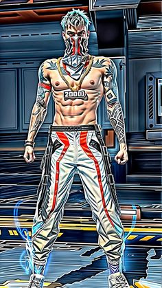 a digital painting of a man with tattoos on his face and chest standing in front of a train