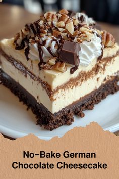 no - bake german chocolate cheesecake on a white plate