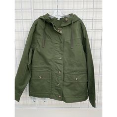 Time & Tru Olive Green Anorak Hood Cotton Button Zip Unlined Jacket Sz Med. See Photos Ask Questions Hooded Khaki Outerwear With Buttons, Khaki Hooded Outerwear With Button Closure, Trendy Button-up Outerwear For Outdoor, Spring Outdoor Outerwear With Button Closure, Spring Outdoor Outerwear With Buttons, Casual Outdoor Outerwear With Buttoned Pockets, Fall Utility Jacket With Buttoned Pockets For Outdoor, Fall Outdoor Utility Jacket With Buttoned Pockets, Hooded Buttoned Outerwear For Work