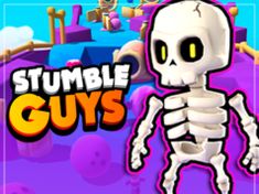 a cartoon skeleton standing in front of a purple background with the words stumble guys on it