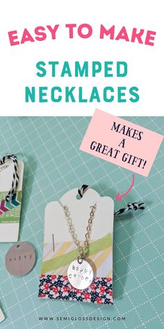 an easy to make stamped necklace is shown with the words made great gift on it