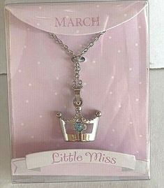 "Little Miss" Girl's Princess Crown Birthstone Necklace Necklace has a 16" chain Crown is approximately 5/8" x 5/8" Made of base metal...no precious metal and no genuine stone Stone is Light Blue for March Birthday Comes in box as seen in the picture Brand New Please ask any questions before buying as there are NO RETURNS Shipping Discount:  When purchasing ANY items in my store, PLEASE do the following:  Put each item you want to purchase in your cart by clicking "Add to Cart".  When you are fi Chain Crown, Miss Girl, Pretty Pink Princess, March Birthday, Crown Necklace, March Birthstone, Princess Crown, Necklace Necklace, Pink Princess