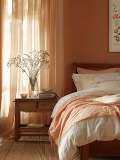 a bed sitting under a window next to a table with a vase on top of it