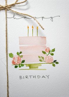 a watercolor painting of a birthday cake with pink flowers on it and the words happy birthday