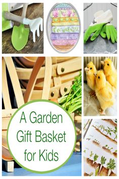 a garden gift basket for kids is featured in this collage with the words, a garden gift basket for kids