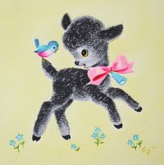 a painting of a baby deer with a bird on it's back and flowers in the background