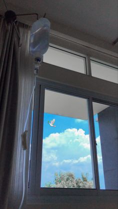 an open window with a bird flying in the sky and clouds on it's side