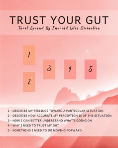 a pink poster with the words trust your gutt written in white on it and an image of mountains